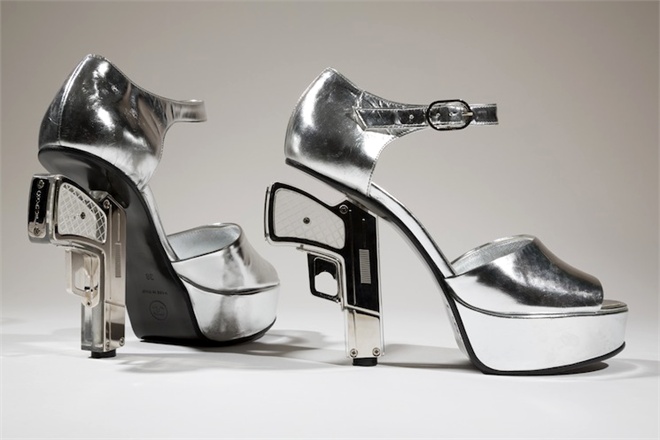 silver leather platform sandal with gun heel