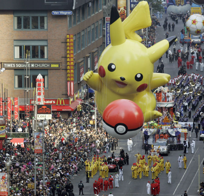 The Pikachu balloon floats down Broadway during the Macy's Thanksgiving Day parade in New York, Thursday, Nov. 22, 2007. (AP Photo/Jeff Christensen)